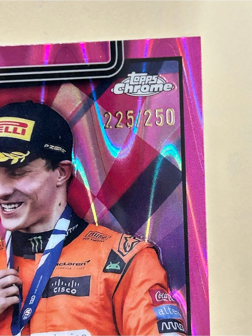 Topps Chrome Kids Trading Card - Pink Holographic with Orange Racing Suit